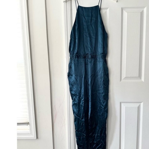 Fleur Du Mal Silk Teal Blue High Square Neck Cinched Tapered Leg Jumpsuit Medium - Picture 3 of 3